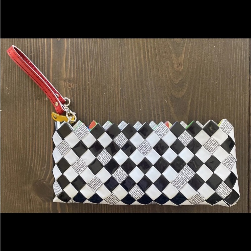 Nahui Ollin Candy Wrapper Black and White  Clutch Zippered Wristlet